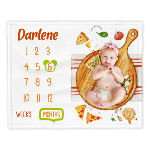 Custom Name Pizza Pattern Milestone Blanlet For Kids
